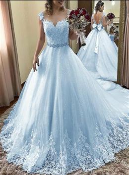 Picture of Light Blue Pretty Shiny Tulle with Lace Round Neckline Formal Dresses, Light Blue  Prom Dresses